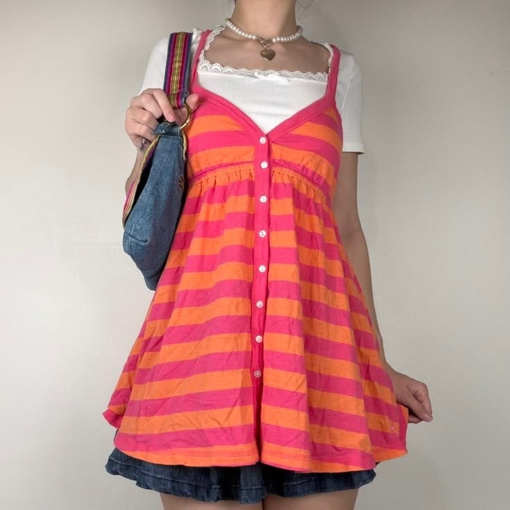 PINK Y2K Babydoll Racerback Button Tank Dress in Pink & Orange Stripes, Small - Picture 3 of 8